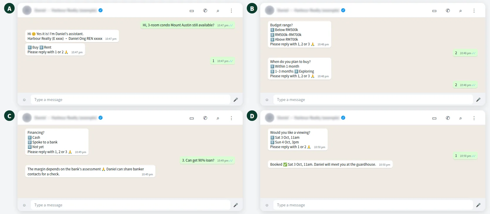 Example WhatsApp chatbot conversation qualifying a property buyer in Johor Bahru by budget, timing and financing readiness