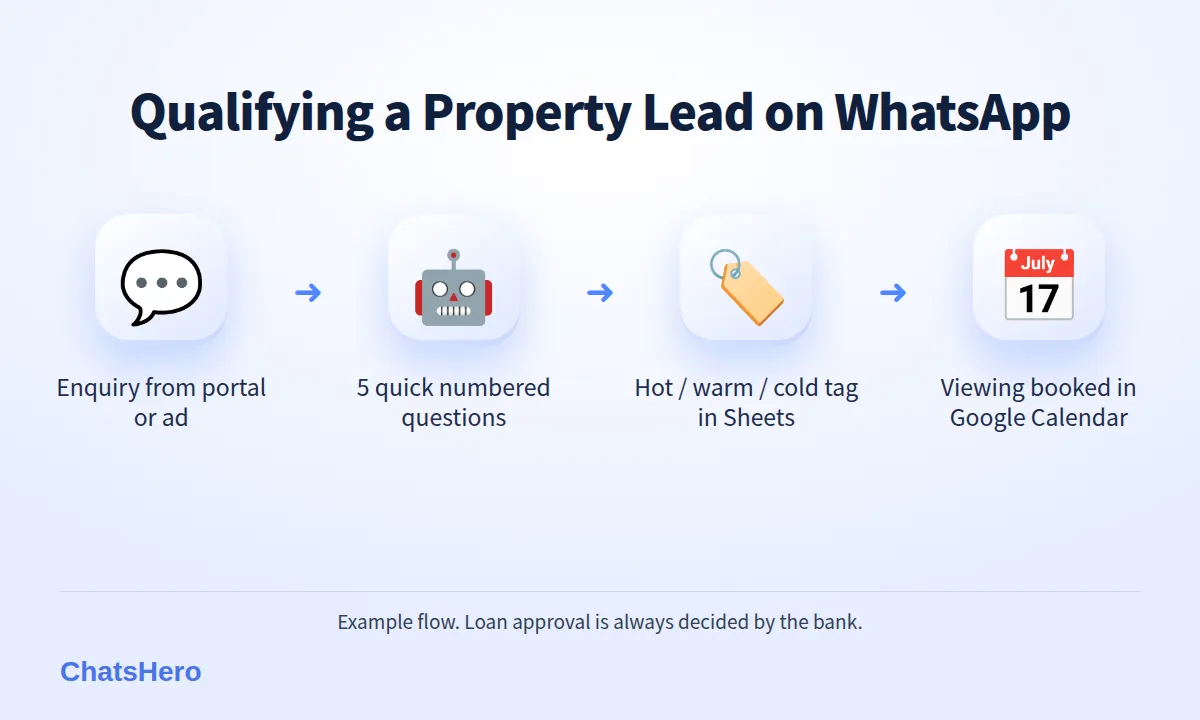 Four-step property lead qualification flow on WhatsApp: enquiry, five questions, lead tag, viewing booked