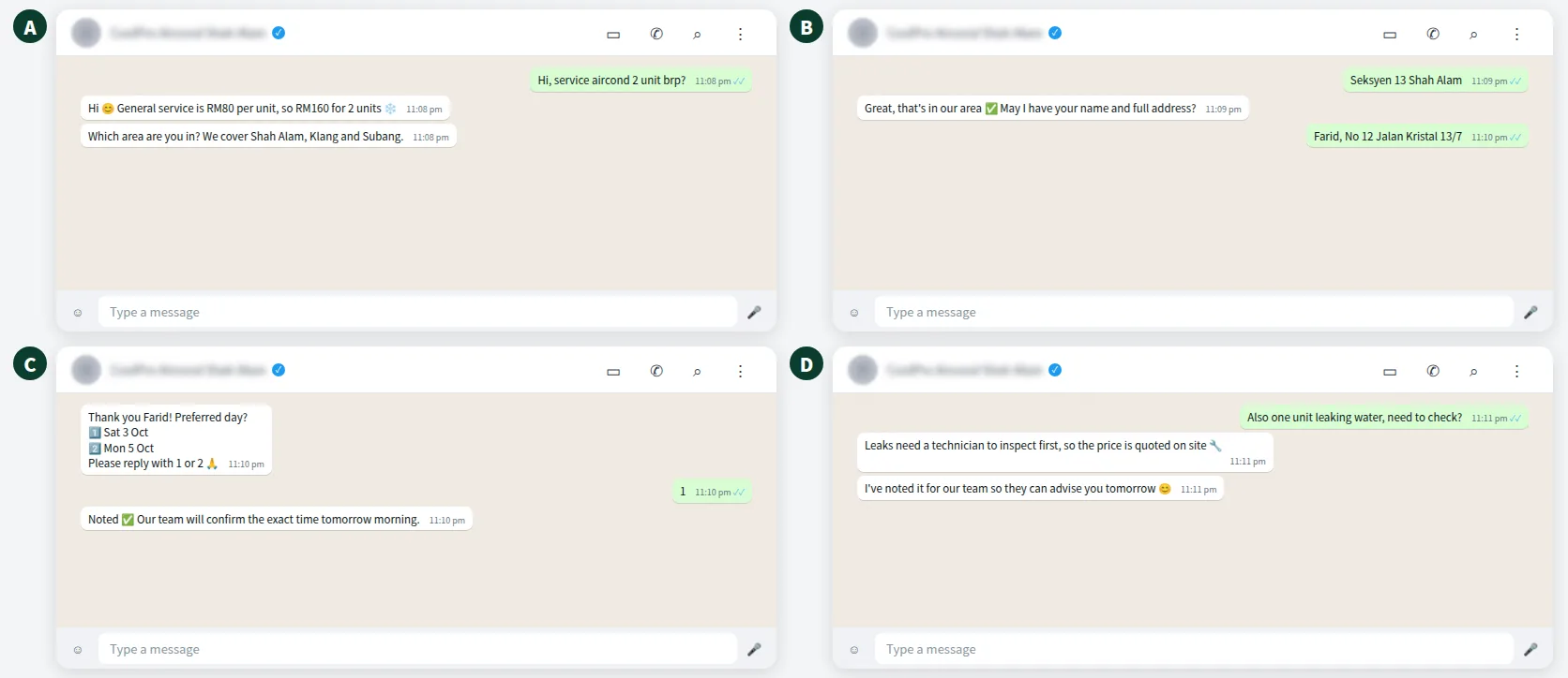 After-hours WhatsApp chatbot conversation for an aircond service business capturing a lead