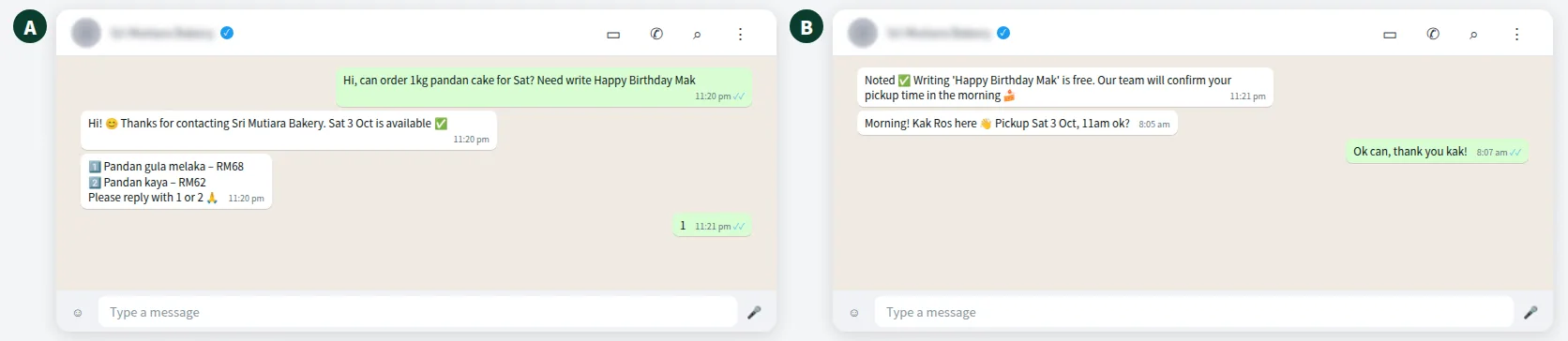 Example WhatsApp coexistence chat where an AI replies at night and the owner continues from the phone app