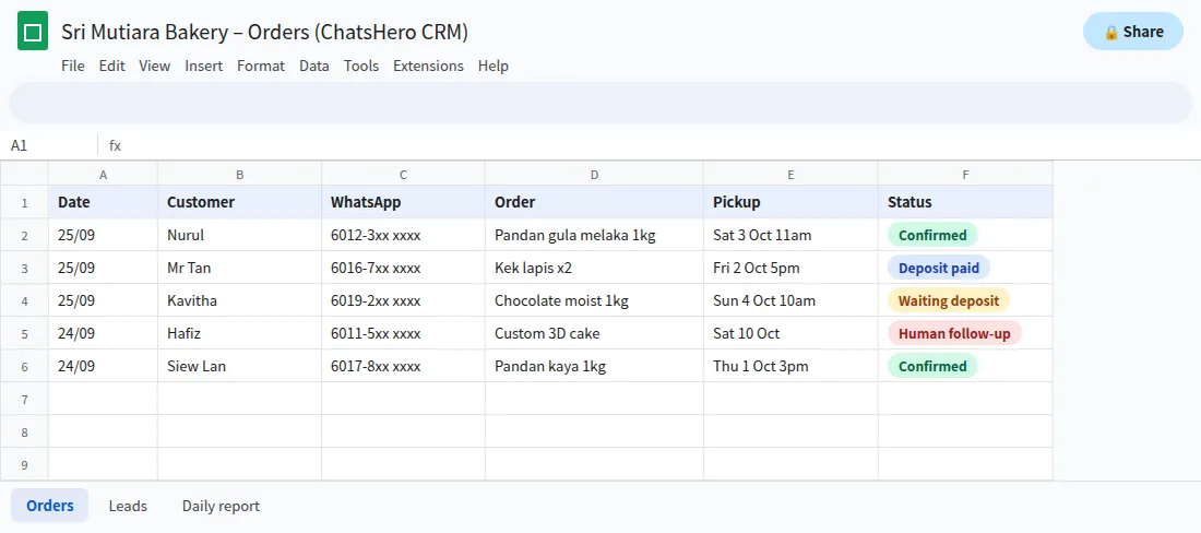 Google Sheets order list filled from WhatsApp Business API chats on a coexistence number