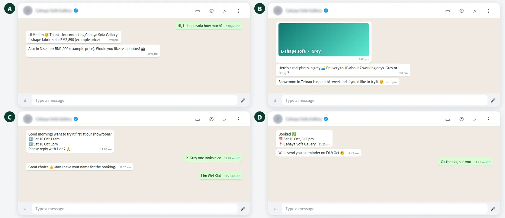 Example WhatsApp follow-up conversation for a furniture shop after the customer read the price and went quiet
