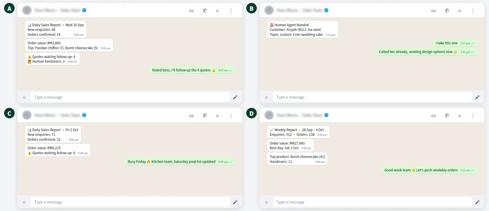 Illustrative WhatsApp group with a daily sales report, a human handover alert and a weekly sales report