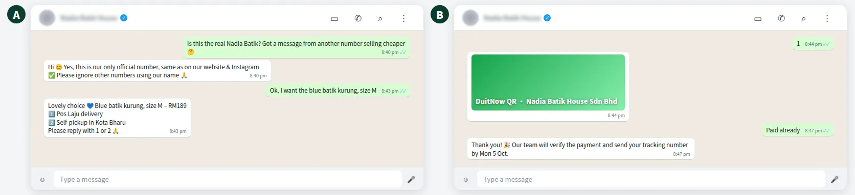 Example WhatsApp conversation where a batik shop reassures a customer it is the official number