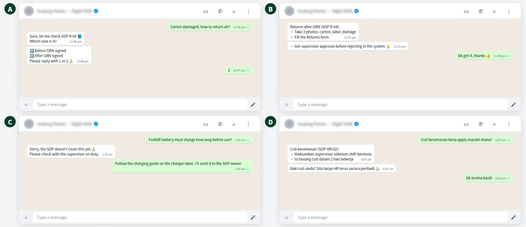 Illustrative staff WhatsApp group where an AI assistant answers SOP questions in English, Malay and Chinese