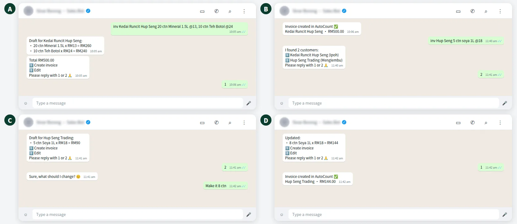 Illustrative WhatsApp chat where a salesperson creates and edits sales invoices in AutoCount from one message