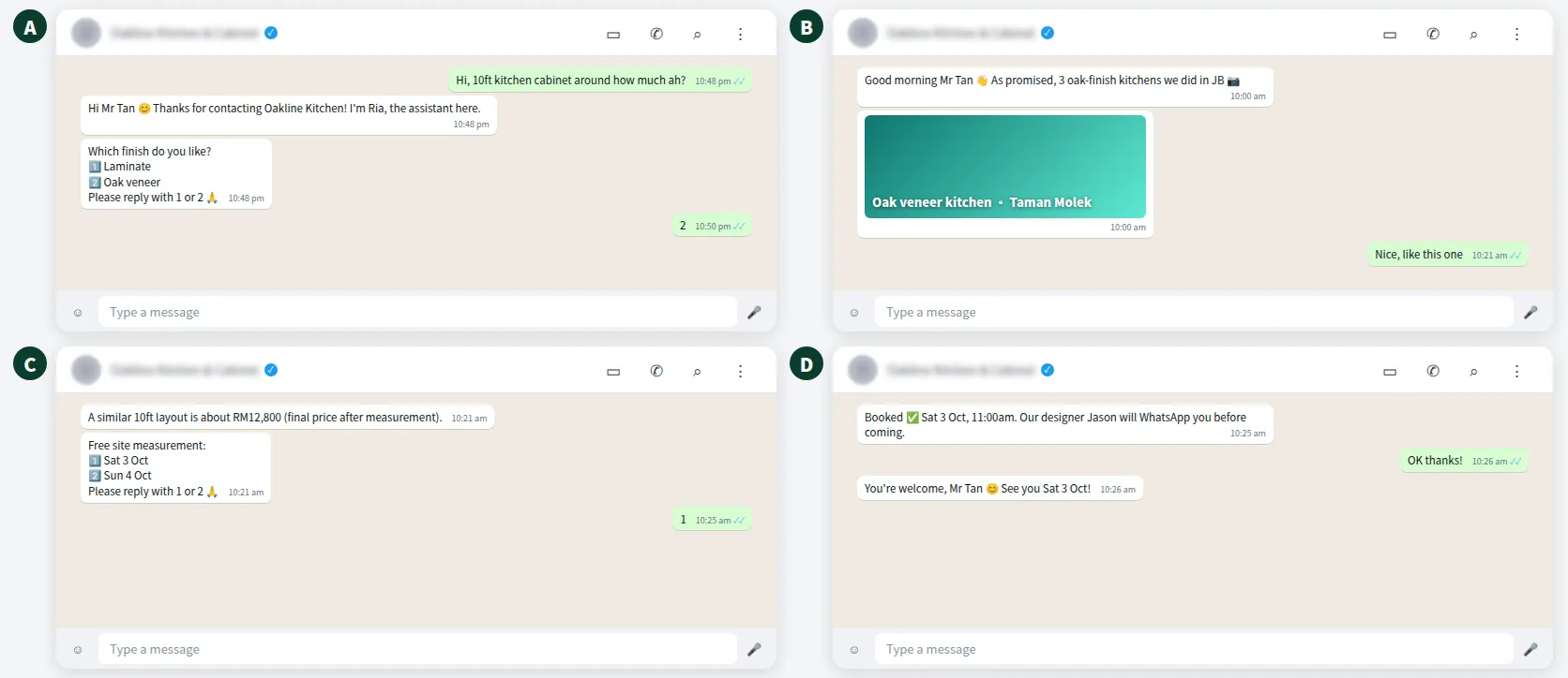 Example WhatsApp lead follow up conversation for a kitchen cabinet company in Johor Bahru