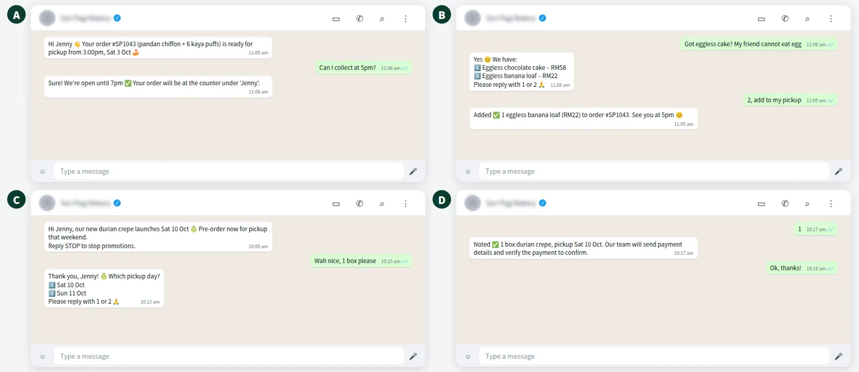 Example WhatsApp conversation: utility pickup template, AI answers a question, and a separate marketing template