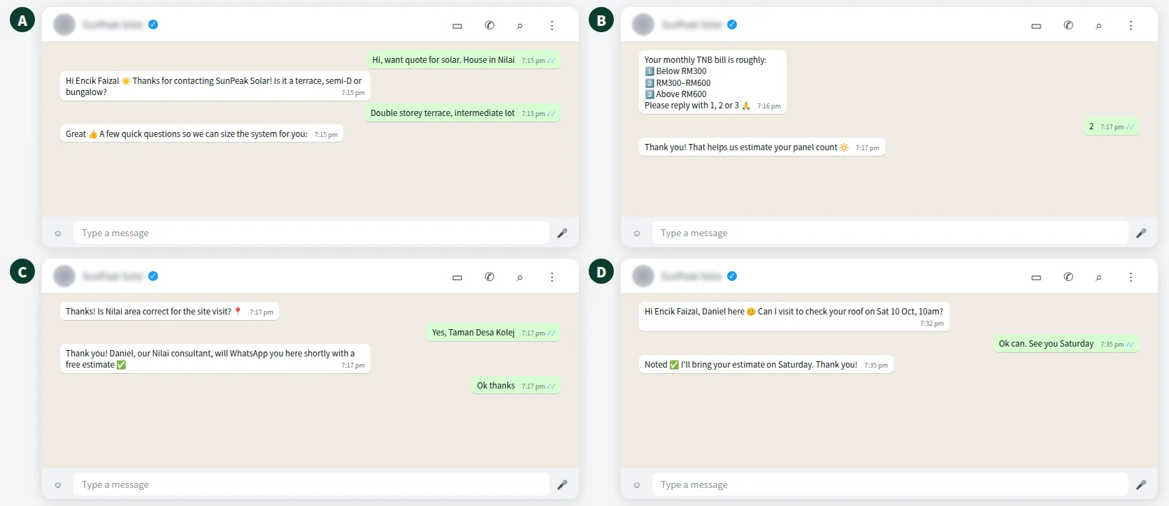 Example WhatsApp chat where an AI qualifies a solar lead and assigns it to the area consultant