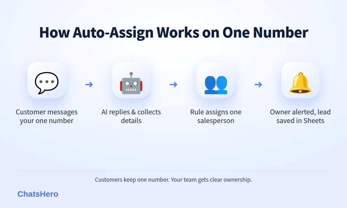 Four-step flow showing how one WhatsApp number auto-assigns leads to multiple salespeople
