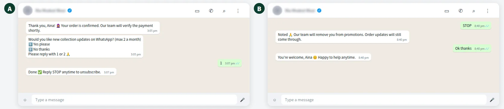 Example WhatsApp chat showing an online fashion shop asking for opt-in and handling an opt-out