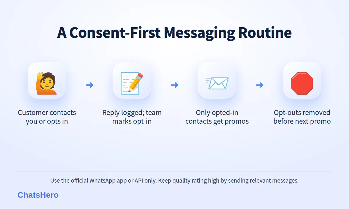Four-step flow to lower the risk of a WhatsApp number banned: opt-in, reply log in Google Sheets, promos only to opted-in contacts, opt-outs removed