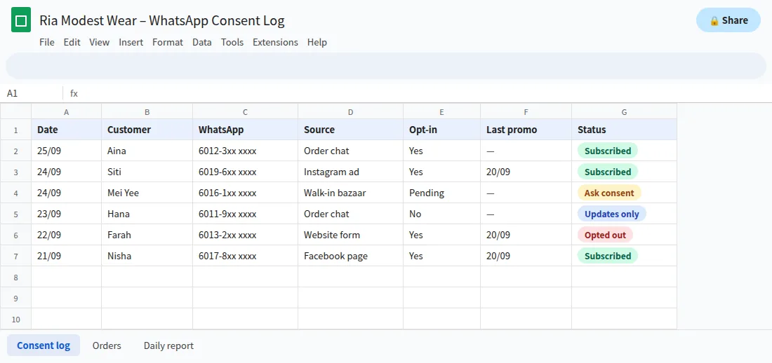 Google Sheets consent log for WhatsApp opt-in and opt-out to lower the risk of a banned number