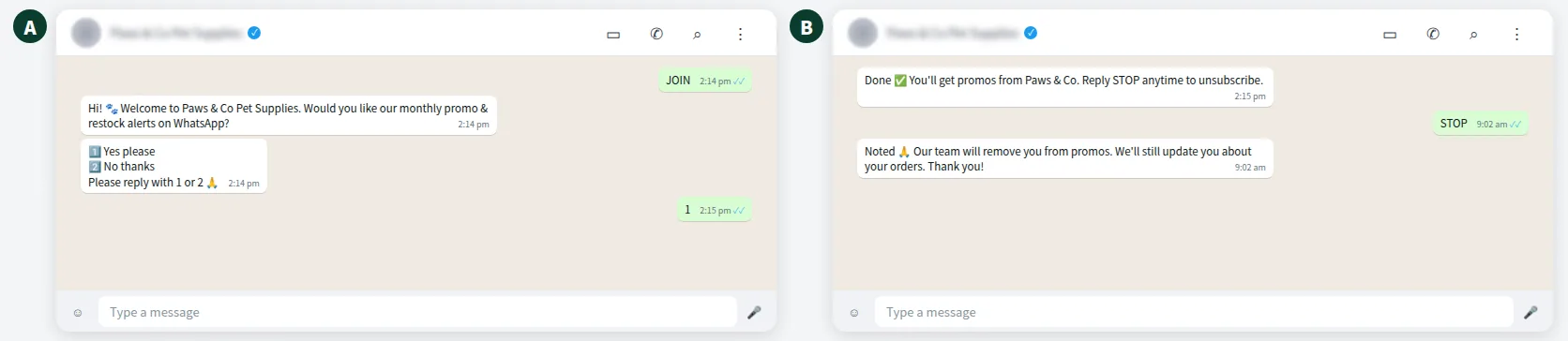 Example WhatsApp chat where a customer opts in to promos and later unsubscribes with STOP