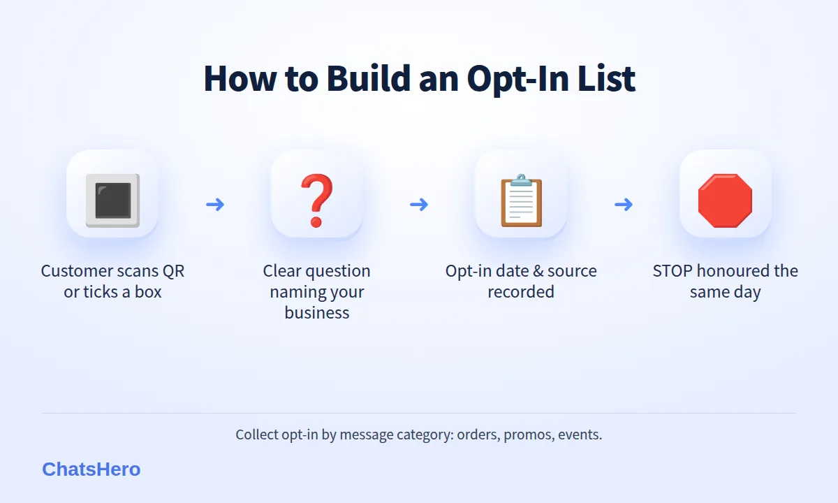 Four-step flow for building a WhatsApp opt in list: touchpoint, clear question, record, honour opt-out
