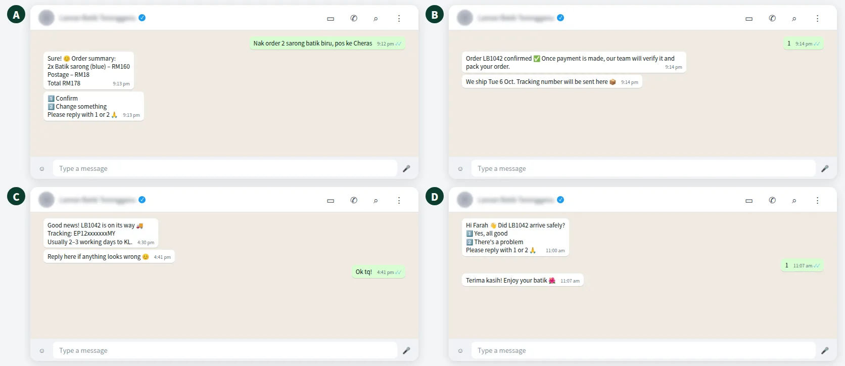 Example WhatsApp order confirmation and delivery update conversation for a batik shop