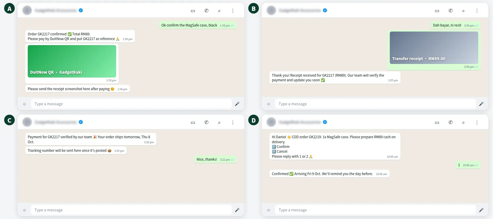 Example WhatsApp chat collecting DuitNow payment proof and confirming a COD order