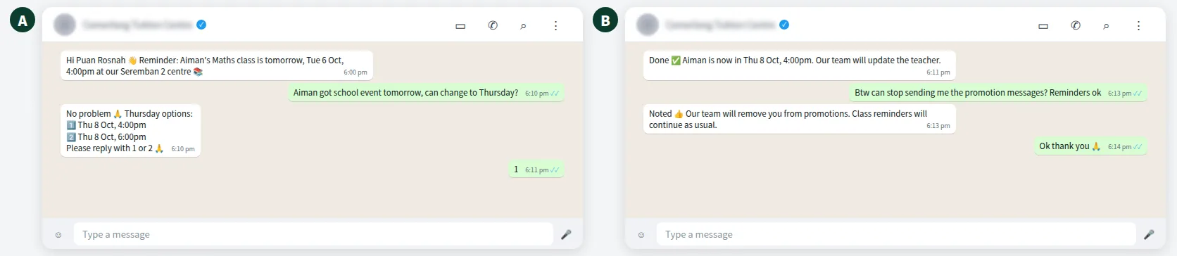 Example WhatsApp conversation for a tuition centre: utility reminder, reschedule and easy opt-out