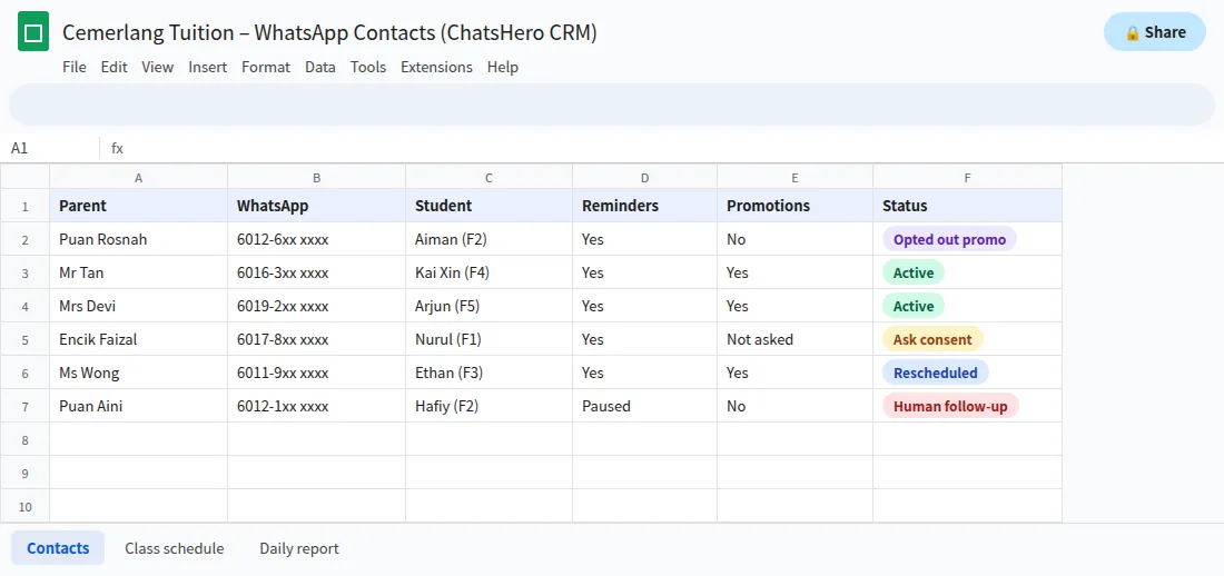 Google Sheets log of WhatsApp opt-ins, opt-outs and message types to protect quality rating