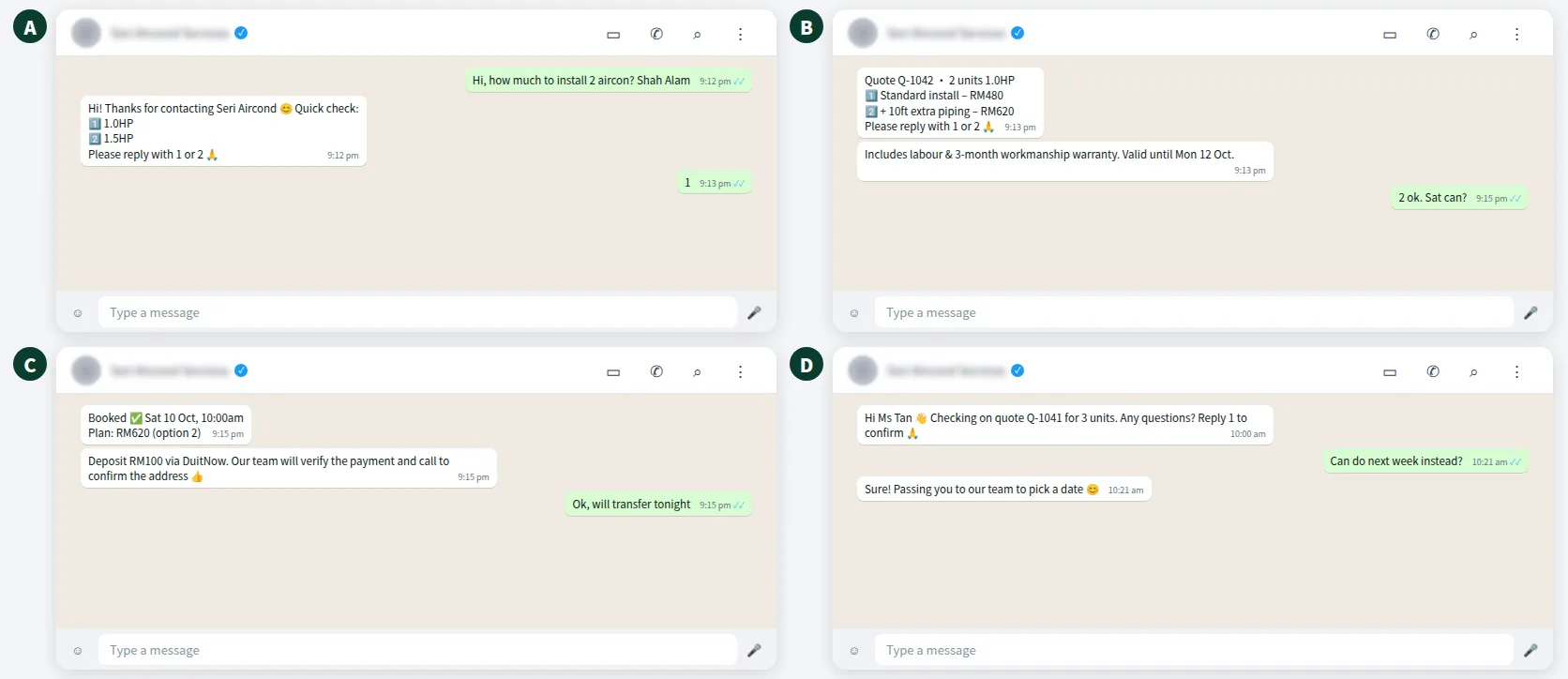 Example WhatsApp quotation conversation for an aircon installation with options and confirmation