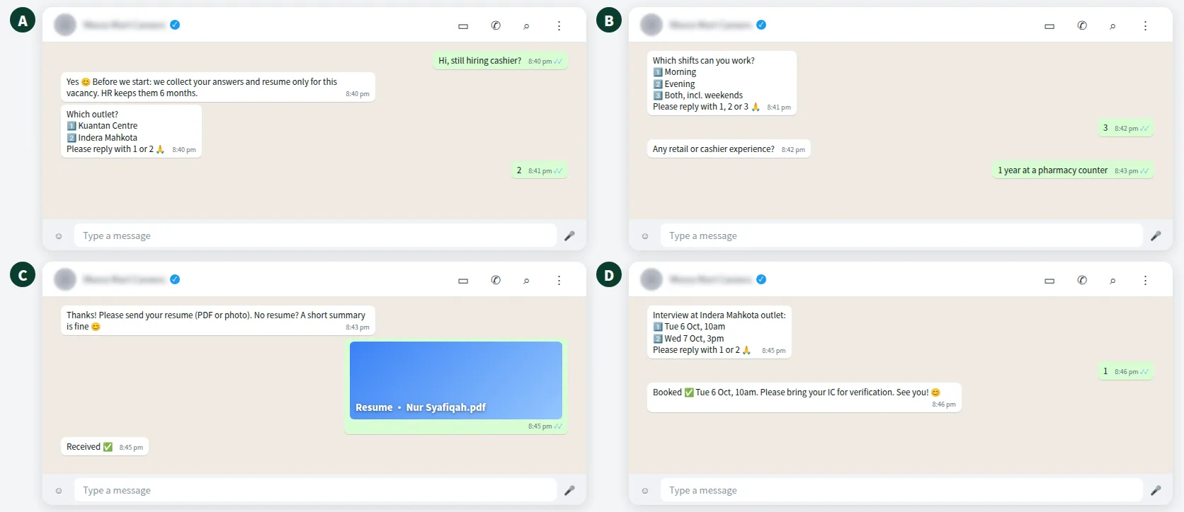 Example WhatsApp recruitment screening chat with privacy notice, job questions, resume and interview booking