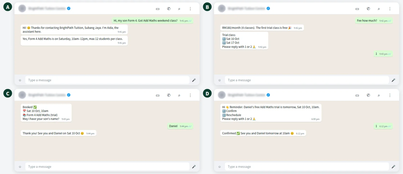 Example WhatsApp conversation: tuition centre replies within a minute and books a trial class