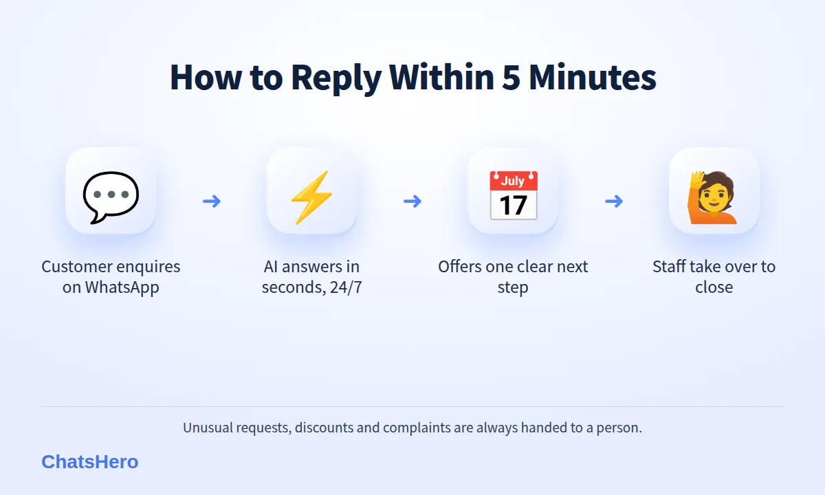 Four-step plan to improve WhatsApp response time and sales: enquiry, AI first reply, next step, human handover