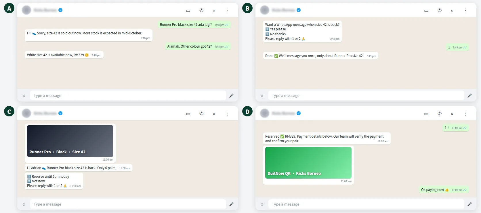 Example WhatsApp conversation for a sneaker restock alert with waitlist and reservation