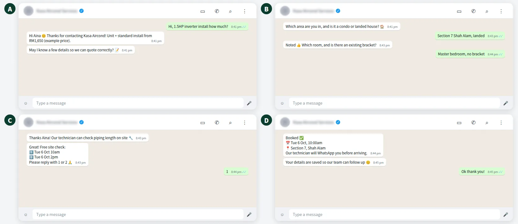 Example WhatsApp chat for an aircond installer where the AI qualifies the lead and books a site check