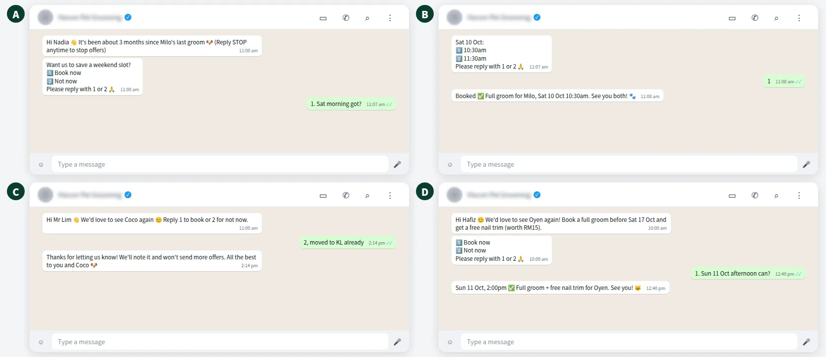Example WhatsApp win-back conversation for a pet grooming shop with booking and opt-out