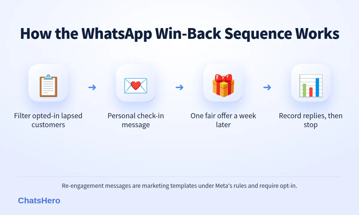 Four-step WhatsApp win-back flow: segment lapsed customers, check-in, one offer, record results
