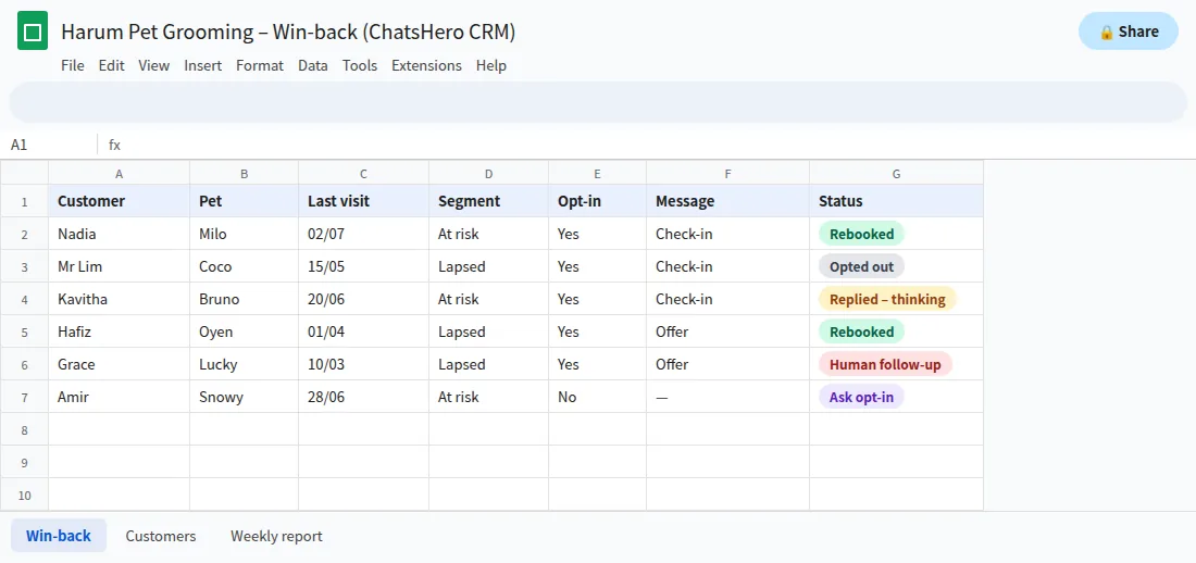 Google Sheets tracker showing lapsed customers, win-back messages and rebooking status
