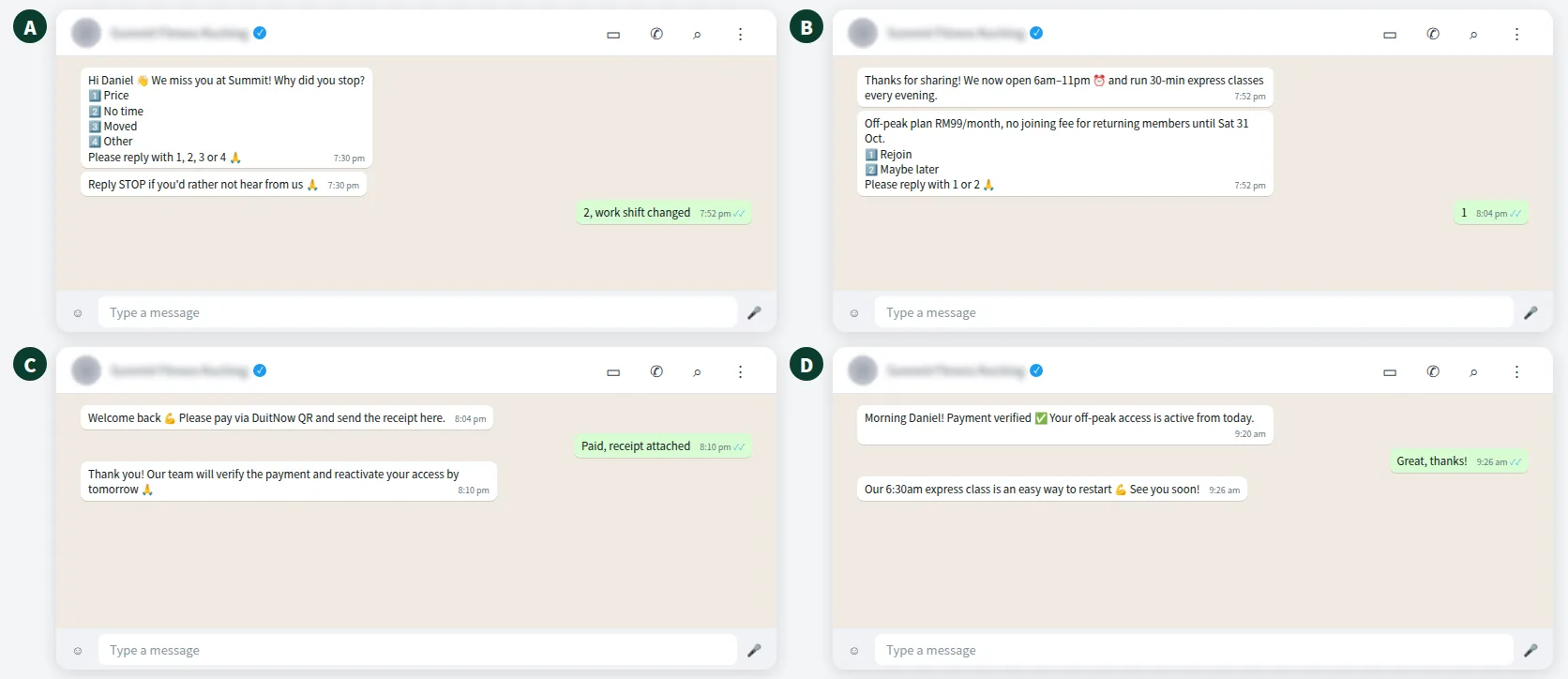 Example WhatsApp conversation winning back a lapsed gym member with an off-peak plan