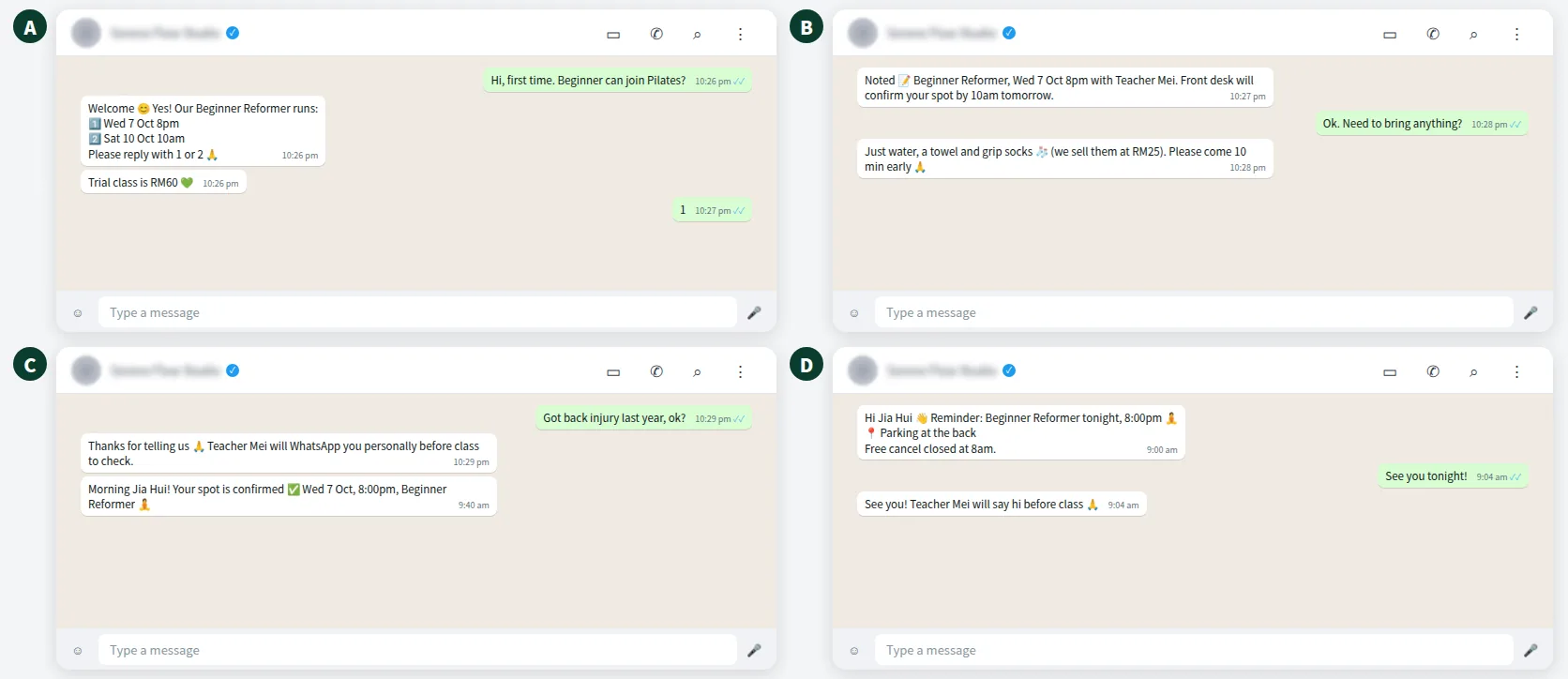 Example WhatsApp chat of a first-timer booking a trial Pilates class at a yoga studio