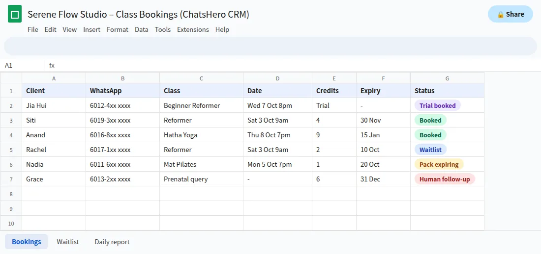 Google Sheets record of yoga and Pilates class bookings, credits and waitlist from WhatsApp