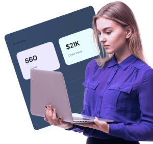 A woman holding laptop with project status