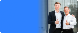 Two men together with plain background on left